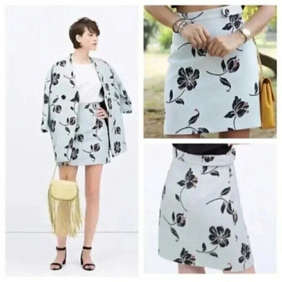 Zara Mini Floral Jacquard Skirt Baby Blue A-Line  Size Small - Picture 3 of 9